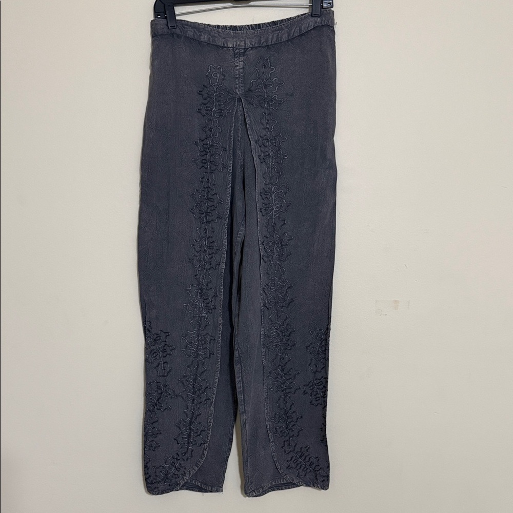 Vintage Cute options pull on pant women M embroidered acid washed split legs Y2K